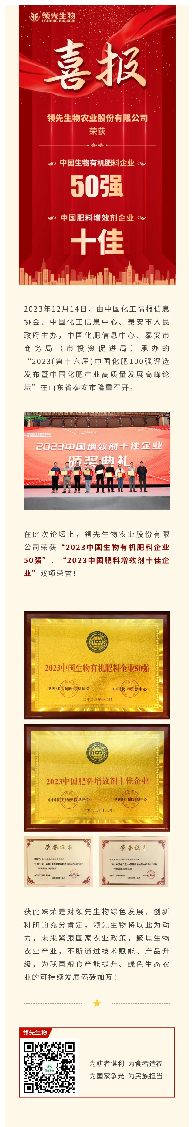 實力上榜 | 領(lǐng)先生物榮獲2023中國生物有機肥料企業(yè)50強！中國肥料增效劑十佳企業(yè)！